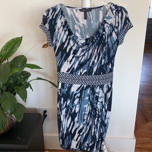 BCBGMAXAZRIA Y2K jersey mini/knee length dress Sz XS Faux wrap skirt Blue White